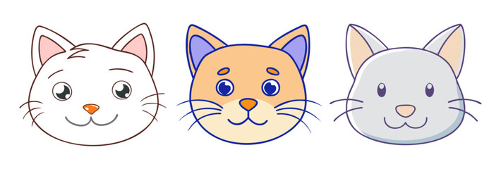 Adorable Cartoon Cat Faces Collection Happy Pets Illustration Black Orange White Kittens