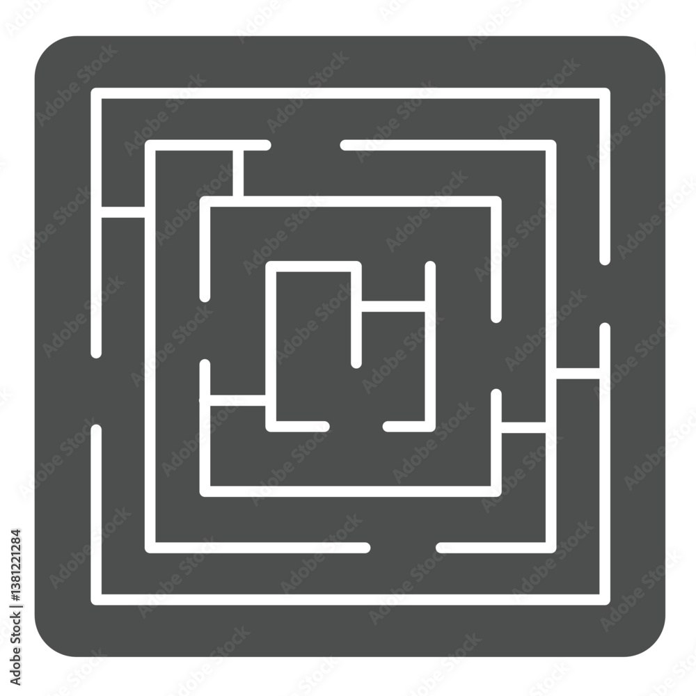 Poster square maze with entrance and exit solid icon, logical game concept. vector graphics. labyrinth, way