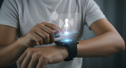 Smartwatch with futuristic AI voice assistant interface, representing voice recognition, artificial intelligence, and wearable technology concepts.
