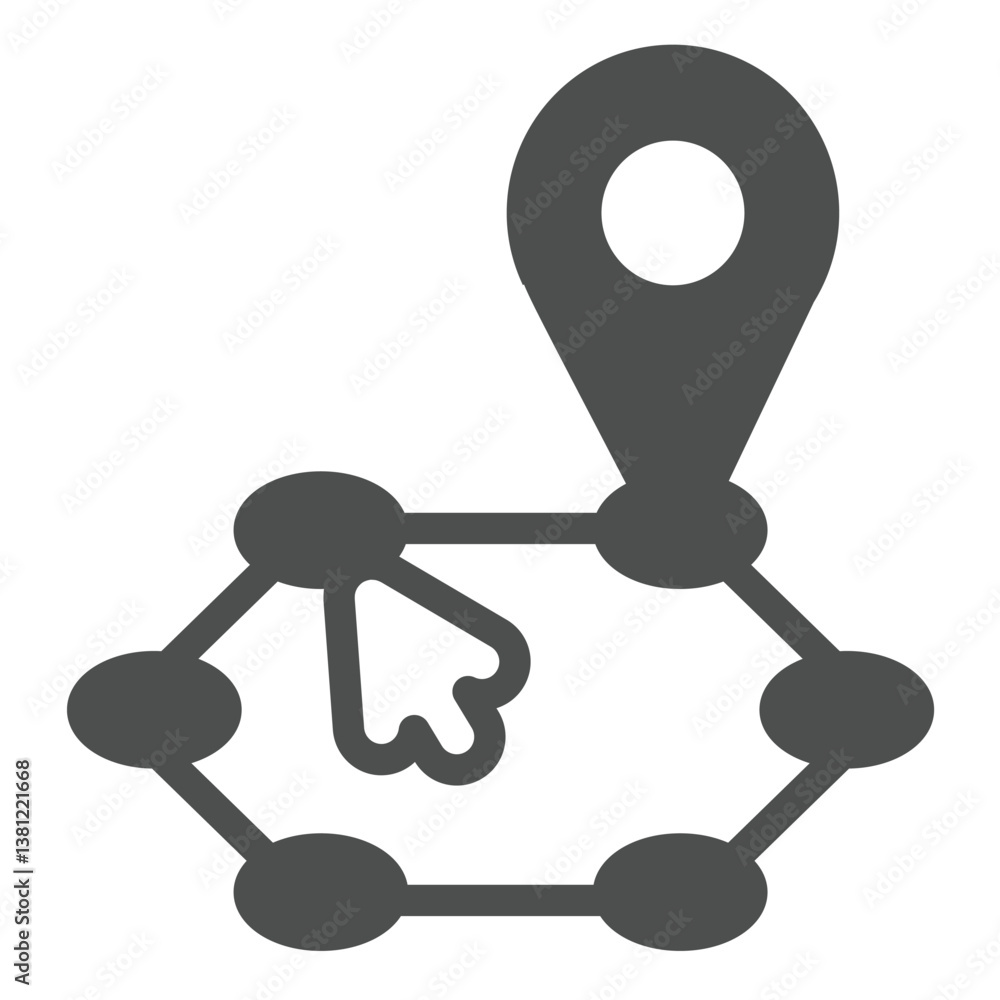 Poster location pin and route with mouse cursor solid icon, navigation concept. vector graphics. position m