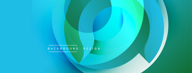 Abstract shapes overlap creating dynamic composition. Blue, green, white hues blend smoothly. Modern design suitable for backgrounds, presentations, branding.