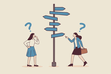 Decision choice, confusion, doubt for opportunity, challenge to choose career path, way to success or tough decision, way to solve problem concept, confused businesswoman make decision choosing path.