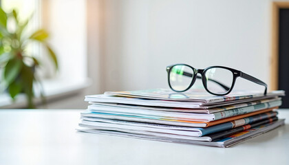 Stylish reading glasses on stacked magazines, modern workspace inspiration