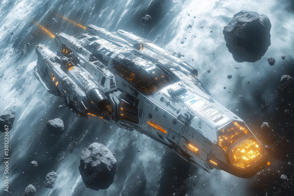 Poster a spaceship is flying through space with a lot of rocks and debris around it