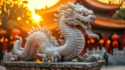 Fototapeta premium Majestic Stone Dragon at Sunset in a Chinese Temple