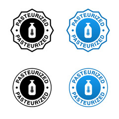 Obraz premium pasteurized milk vector symbol, blue circular stamp with milk bottle and thermometer 