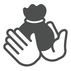 Bounty sack in hands solid icon, business concept. Vector graphics. Hands with salary bag, money reward sign on white background, glyph style icon for mobile or web design.