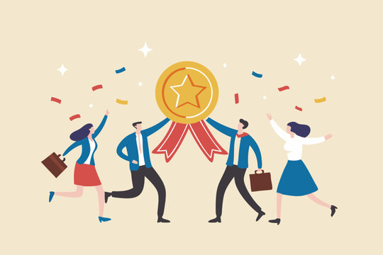 Team achievement, high quality employees, teamwork to help success together, best quality service reward, high performance staffs concept, business people celebrate high quality badge achievement.