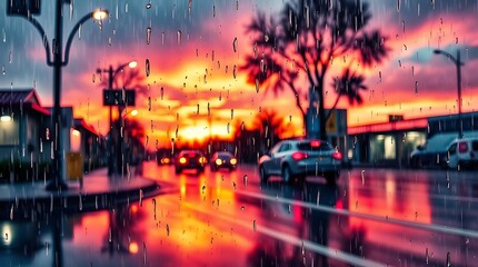 Obraz premium Rainy Sunset City Street View Through Window
