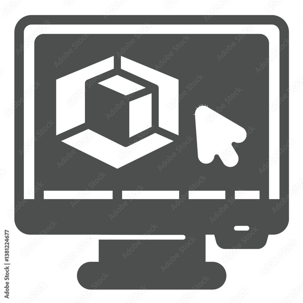 Poster monitor screen with 3d graphics program solid icon, computer concept. vector graphics. 3d designer j