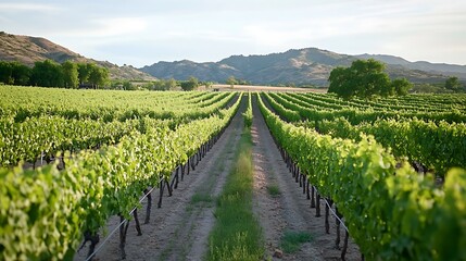 Obraz premium Serene Vineyard Landscape: Rows of Lush Grapevines Under a Sunny Sky