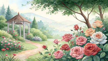 Obraz premium *Watercolor Rose Garden Background – Mix of Blooming Roses & Lush Greenery in Vibrant Tranquil Scene with Copy Space* 