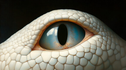 Fototapeta premium Witnessing the world through the captivating eye of a white snake reflecting its vibrant surroundings