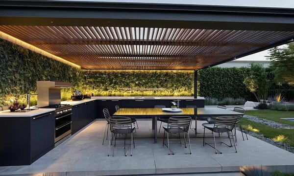 A modern outdoor kitchen and dining area with a wooden pergola and surrounding landscaping.