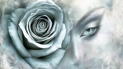symbolic illustration of love, with a woman’s face fading into the image of a rose, representing the intertwining of human and floral beauty. [woman]:[rose] .love symbolic, illustration, love, 