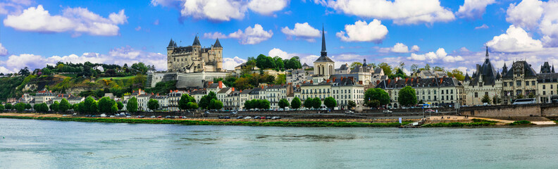 Heritage site and landmarks of France. Saumur town and medieval castle. Panoramic view. beautiful castles of Lore valley