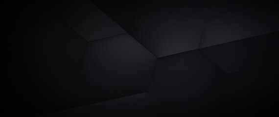 Dark abstract background - wide banner, hexagonal elements, digital illustration