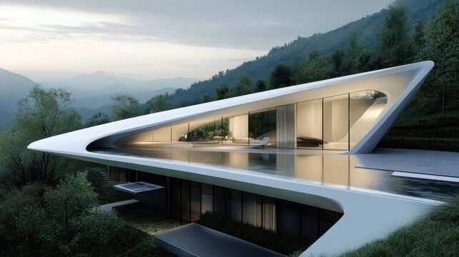 Fototapeta Modern Architecture in Serene Mountain Landscape