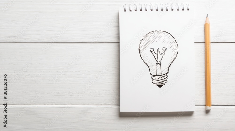 Poster creative idea generation workspace sketching minimalist environment overhead view innovation concept