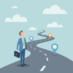 Businessman broadcasting feedback and opinions via megaphone vector illustration concept. Man running shouts into loudspeaker with speech bubble containing diverse emojis representing customer sentime