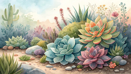 Fototapeta premium *Succulent Garden Watercolor Background – Assortment of Colorful Succulents in Fresh & Lively Ambiance with Copy Space* 