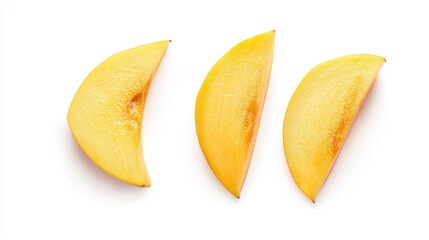 Fototapeta premium Arrangement of Fresh Yellow Mango Slices on a Clean White Background