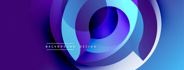 Abstract design. Overlapping layers create dynamic circular form. Gradient colors blend from deep purple to bright blue. Modern aesthetic.