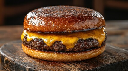 Juicy Cheeseburger on Wooden Board