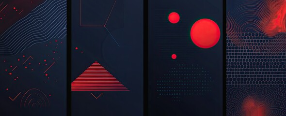 Minimalist modern posters of different shapes and lines, with a dark blue background and red elements