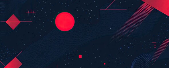 Minimalist modern posters of different shapes and lines, with a dark blue background and red elements