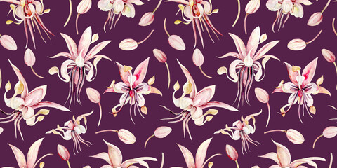 Chocolate tree flowers. Seamless pattern. Watercolor illustration. Hand drawn chocolate tree flowers in pastel colors for packaging, textiles and botanical designs.