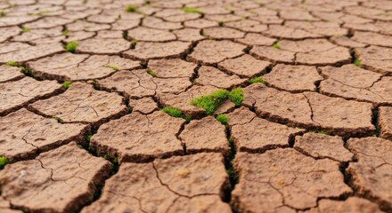 Dry, cracked earth with small patches of green vegetation emerging from the fissures