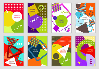 Bright background in Memphis style. Set of geometric cover designs. Fashionable bright cover, banner, poster, booklet. Bright colors. Vector