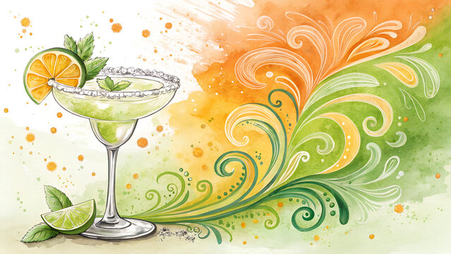 Margarita Splash Watercolor Background, Refreshing Green and Orange Swirls, Fun and Summery with Copy Space* 