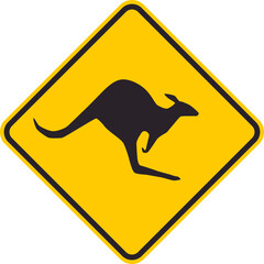 Yellow rhombus traffic sign that warns drivers of the possibility of kangaroos crossing the road.
