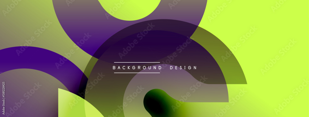 Poster abstract shapes overlap, creating dynamic composition. vibrant purple, green hues dominate bright ye