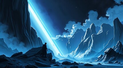 Silhouette gazes at celestial beam in icy mountains