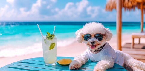 A Bichon Frise dog is currently on a summer break at a seaside resort, where it is unwinding on a Hawaiian beach