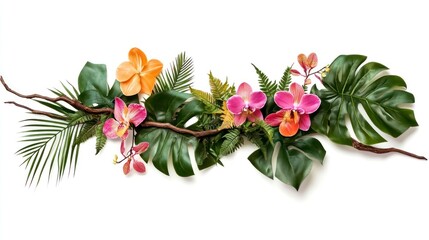 Obraz premium Arrangement of Tropical Leaves and Orchids on White Background for Design