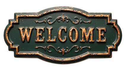Elegant gold WELCOME sign on deep green perfect for adding a touch of sophistication to any project