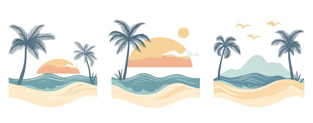 Fototapeta premium Set of vector illustrations with beach and sea in a flat style, featuring sea waves, palm leaves on the background