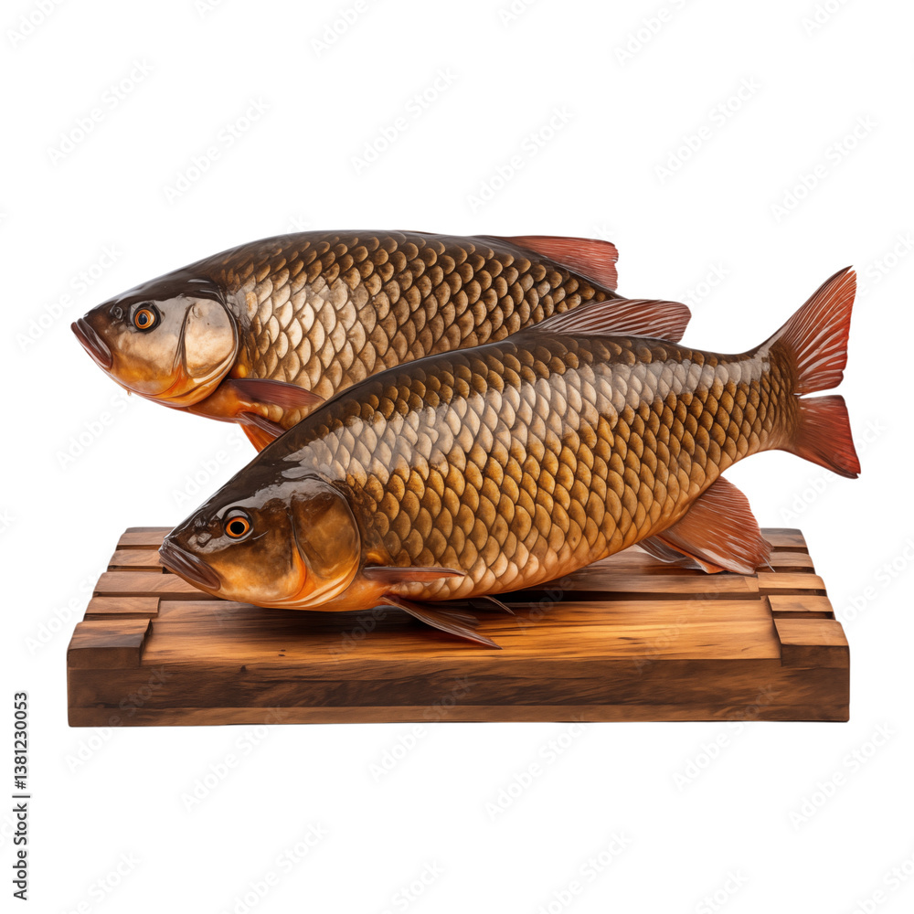 Poster two carp fishes lying on a wooden platform with scales visible in a studio setting on on transparent