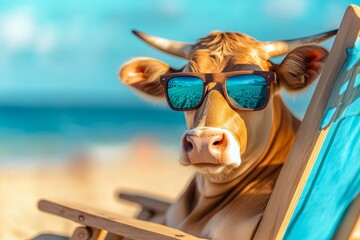 Illustration of a cow in sunglasses reclining on a beach chair under clear skies, classified as farm animals and stock imagery