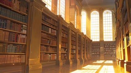 Peaceful Library Scene with Rows of Old Books in Sunlight