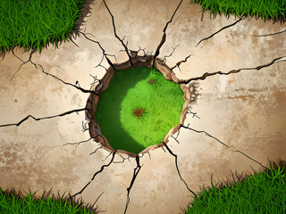 Cracked Dry Earth Transition to Green Grass Symbolic Image