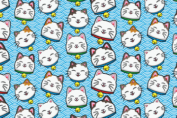 Seamless pattern of cute smiling cat background with blue Japanese wave pattern drawing in colorful cartoon vector