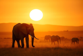 Silhouetted Elephants Walking Peaceful across Sunset Savanna