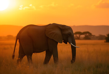 Lone Elephant Walking Serene at Sunset Savanna