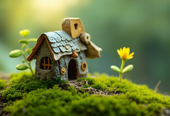 Miniature Stone Cottage Cozy and Inviting Dwelling in Mossy Garden