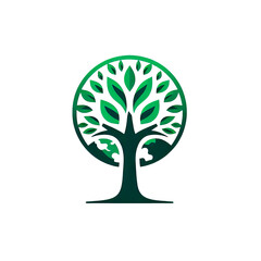 Earth Day tree logo: Elegant icon of a stylized tree where the green canopy subtly forms the shape of the world continents. Simple, memorable vector logo, isolated on white
